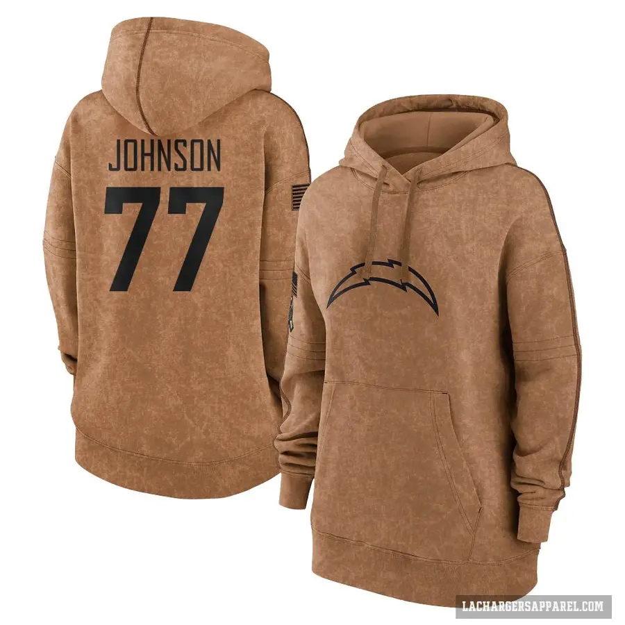Women's ＃77 Zion Johnson Los Angeles Chargers Brown 2023 Salute To Service Pullover Hoodie