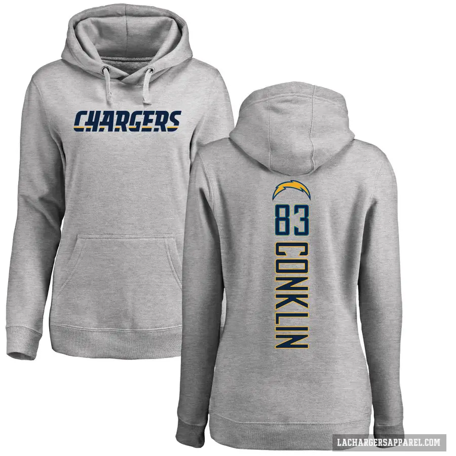 Women's ＃83 Tyler Conklin Los Angeles Chargers Gray Pro Line by Branded Heather Name & Number Pullover Hoodie
