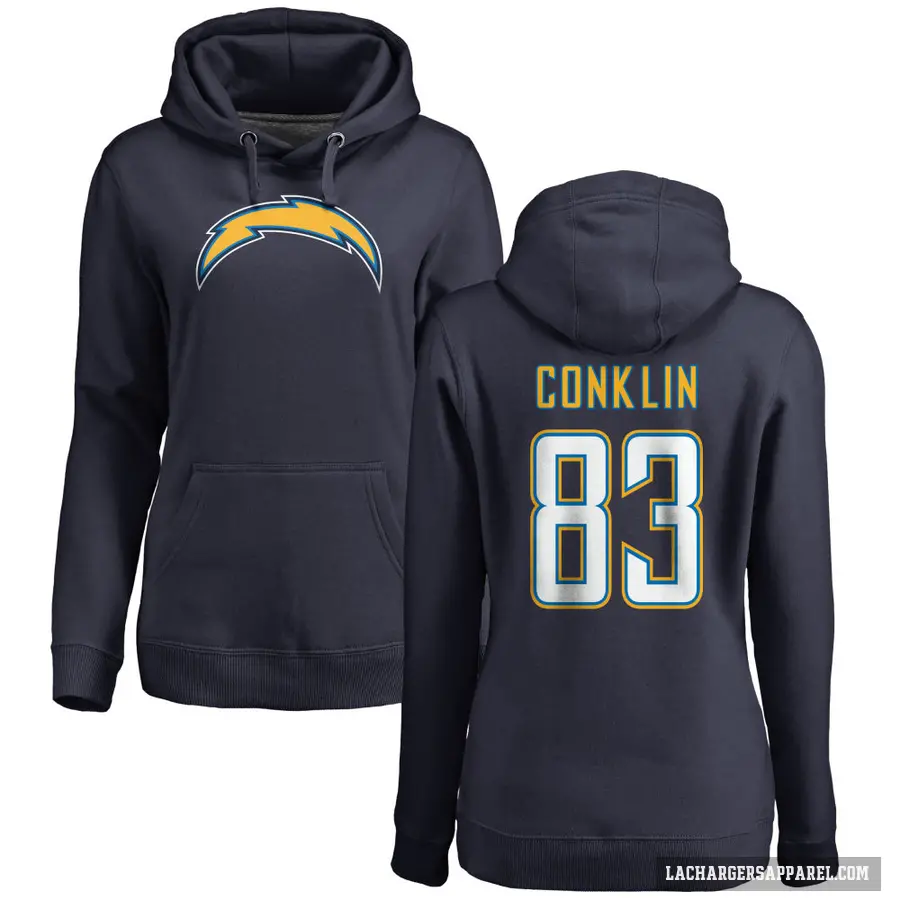 Women's ＃83 Tyler Conklin Los Angeles Chargers Navy Pro Line by Branded Name & Number Pullover Hoodie