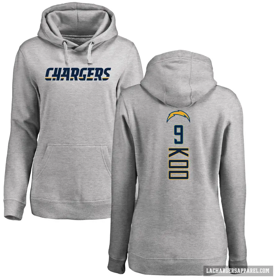 Women's ＃9 Younghoe Koo Los Angeles Chargers Gray Pro Line by Branded Heather Name & Number Pullover Hoodie