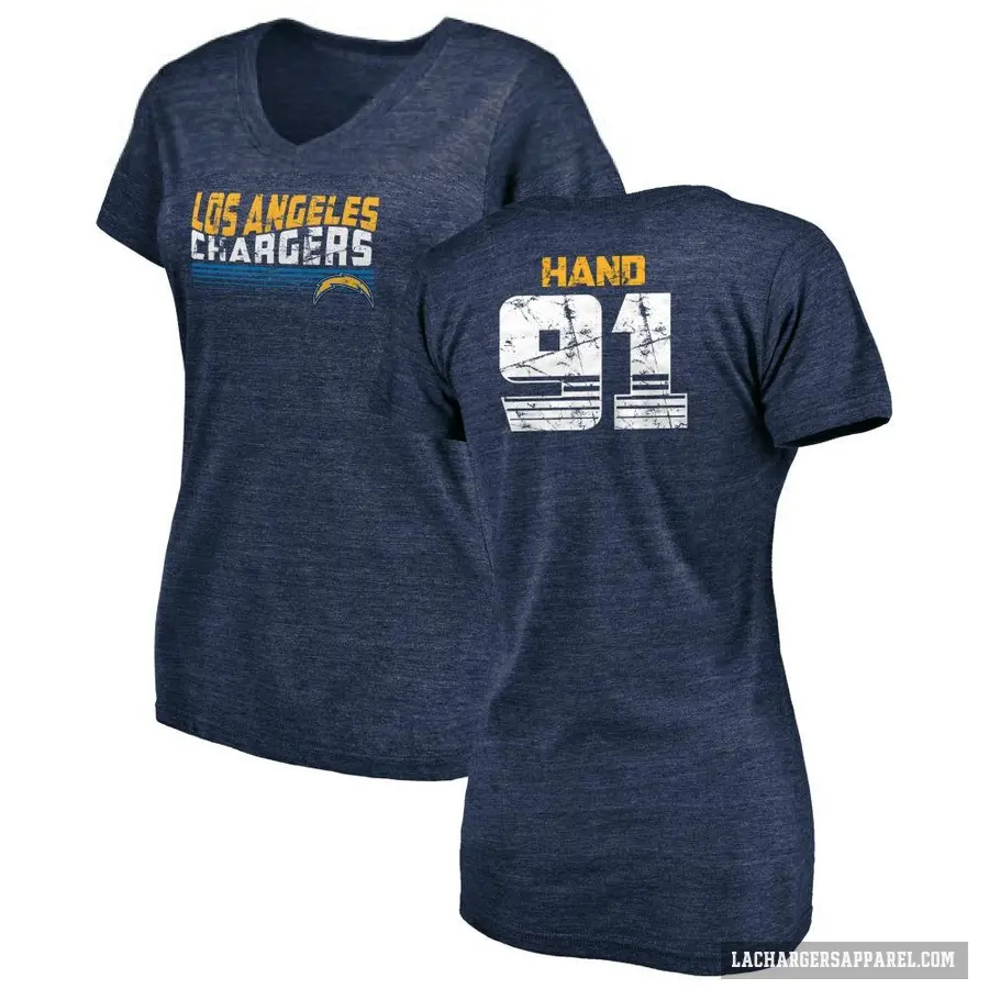 Women's ＃91 Da'Shawn Hand Los Angeles Chargers Navy Retro V-Neck T-Shirt