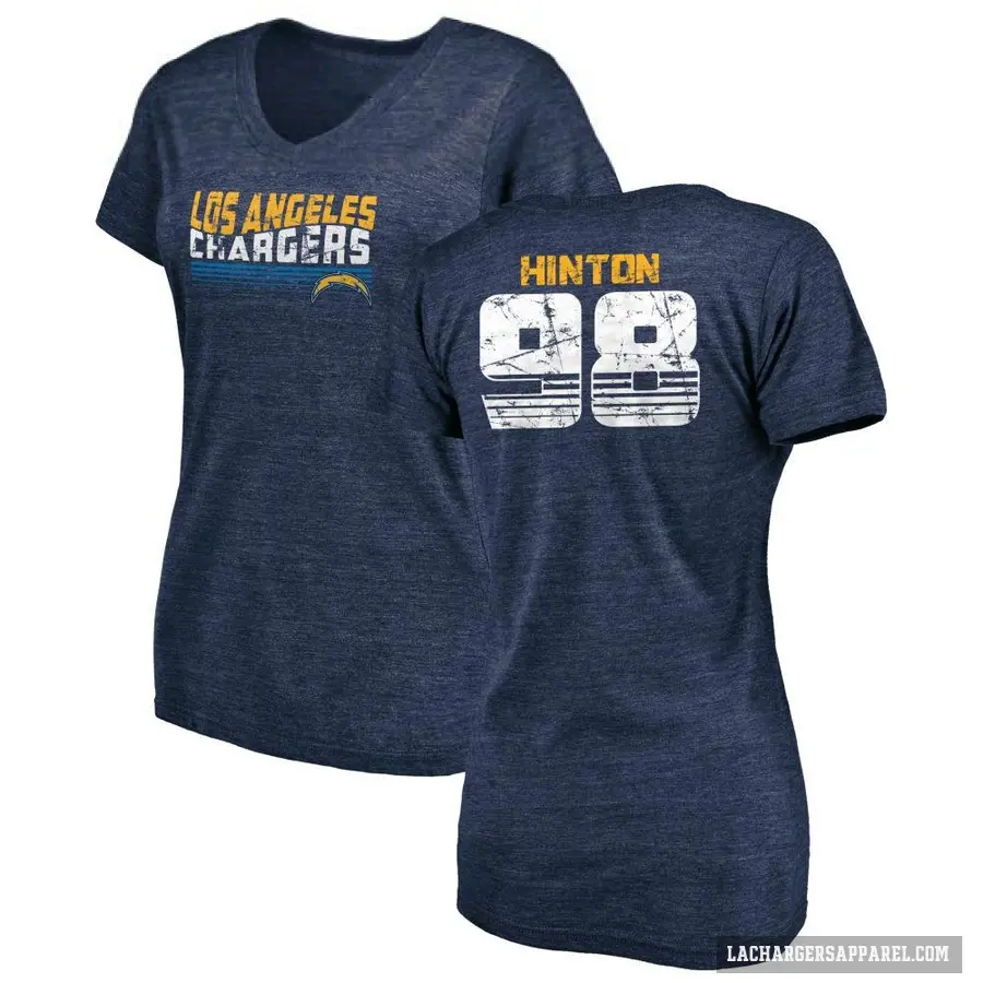 Women's ＃98 Christopher Hinton Los Angeles Chargers Navy Retro V-Neck T-Shirt