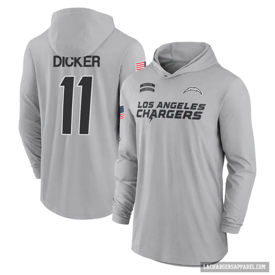 Youth ＃11 Cameron Dicker Los Angeles Chargers Gray 2024 Salute to Service Lightweight Performance Long Sleeve Hooded T-Shirt