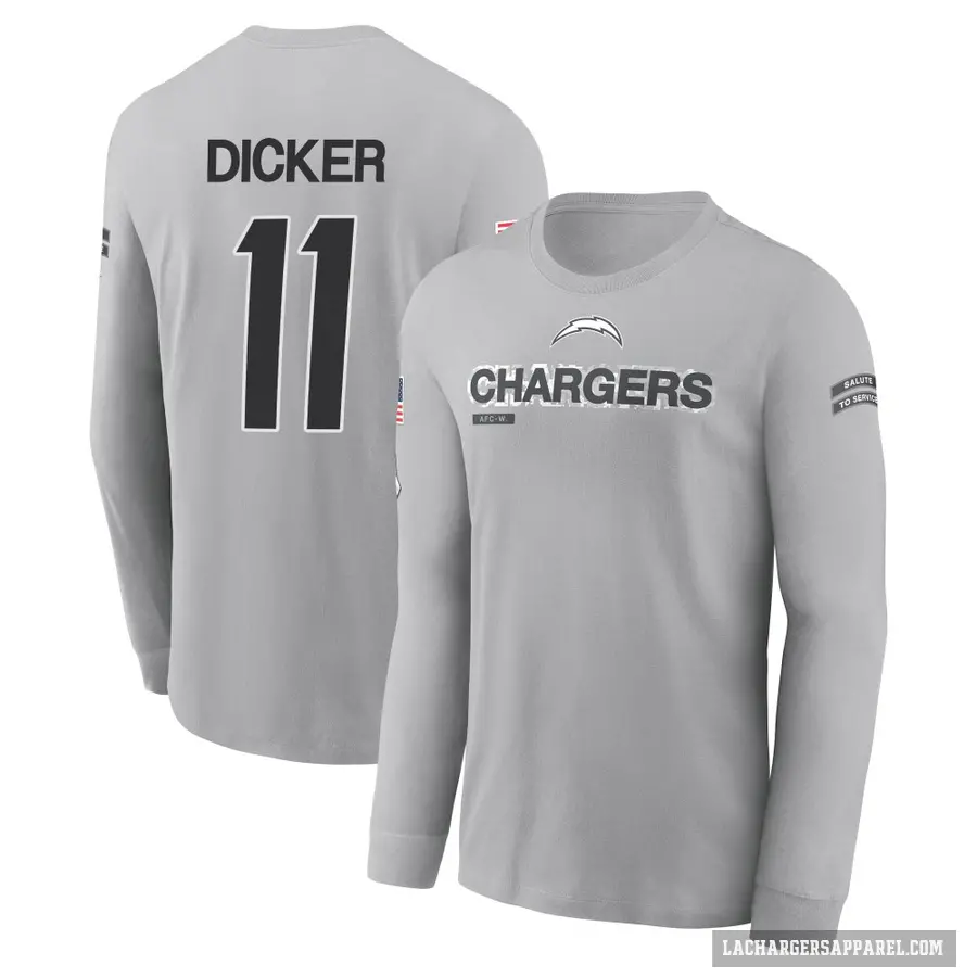Youth ＃11 Cameron Dicker Los Angeles Chargers Gray 2024 Salute to Service Long Sleeve T-Shirt