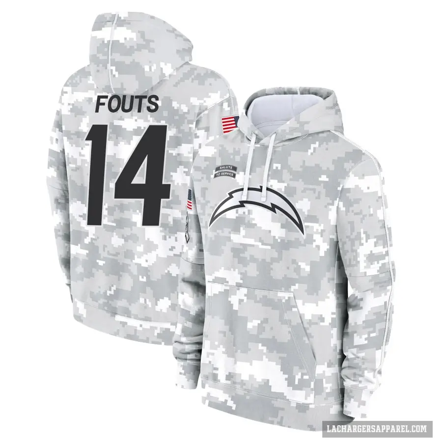 Youth ＃14 Dan Fouts Los Angeles Chargers Arctic Camo 2024 Salute to Service Club Fleece Pullover Hoodie