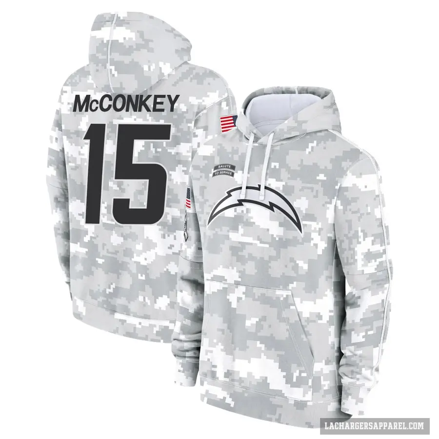 Youth ＃15 Ladd McConkey Los Angeles Chargers Arctic Camo 2024 Salute to Service Club Fleece Pullover Hoodie