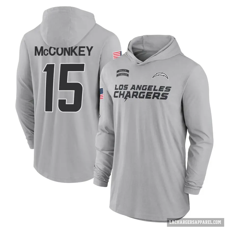 Youth ＃15 Ladd McConkey Los Angeles Chargers Gray 2024 Salute to Service Lightweight Performance Long Sleeve Hooded T-Shirt