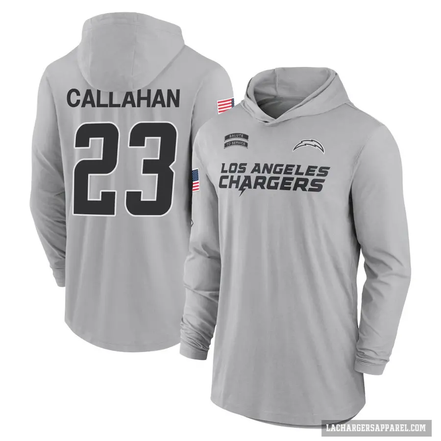 Youth ＃23 Bryce Callahan Los Angeles Chargers Gray 2024 Salute to Service Lightweight Performance Long Sleeve Hooded T-Shirt