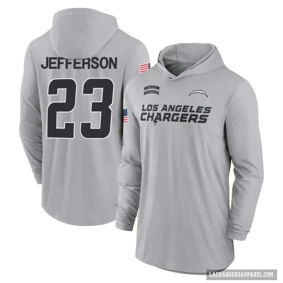 Youth ＃23 Tony Jefferson Los Angeles Chargers Gray 2024 Salute to Service Lightweight Performance Long Sleeve Hooded T-Shirt
