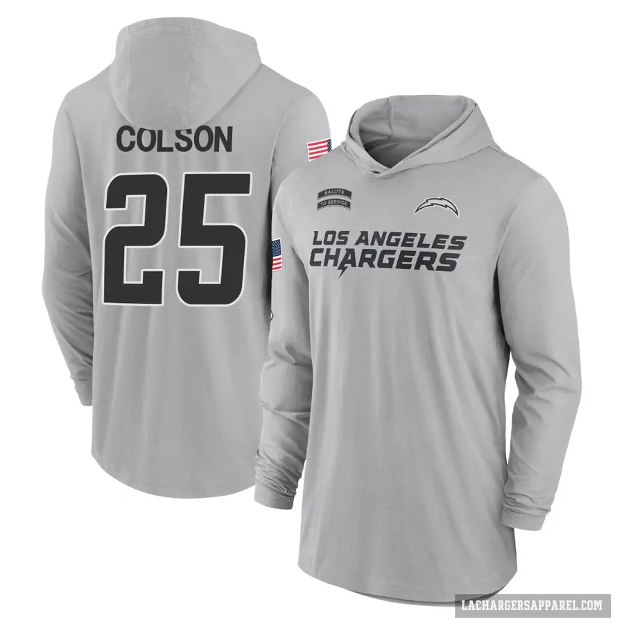 Youth ＃25 Junior Colson Los Angeles Chargers Gray 2024 Salute to Service Lightweight Performance Long Sleeve Hooded T-Shirt
