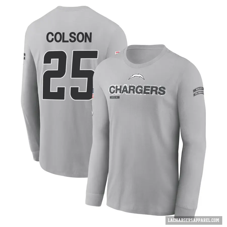 Youth ＃25 Junior Colson Los Angeles Chargers Gray 2024 Salute to Service Long Sleeve T-Shirt