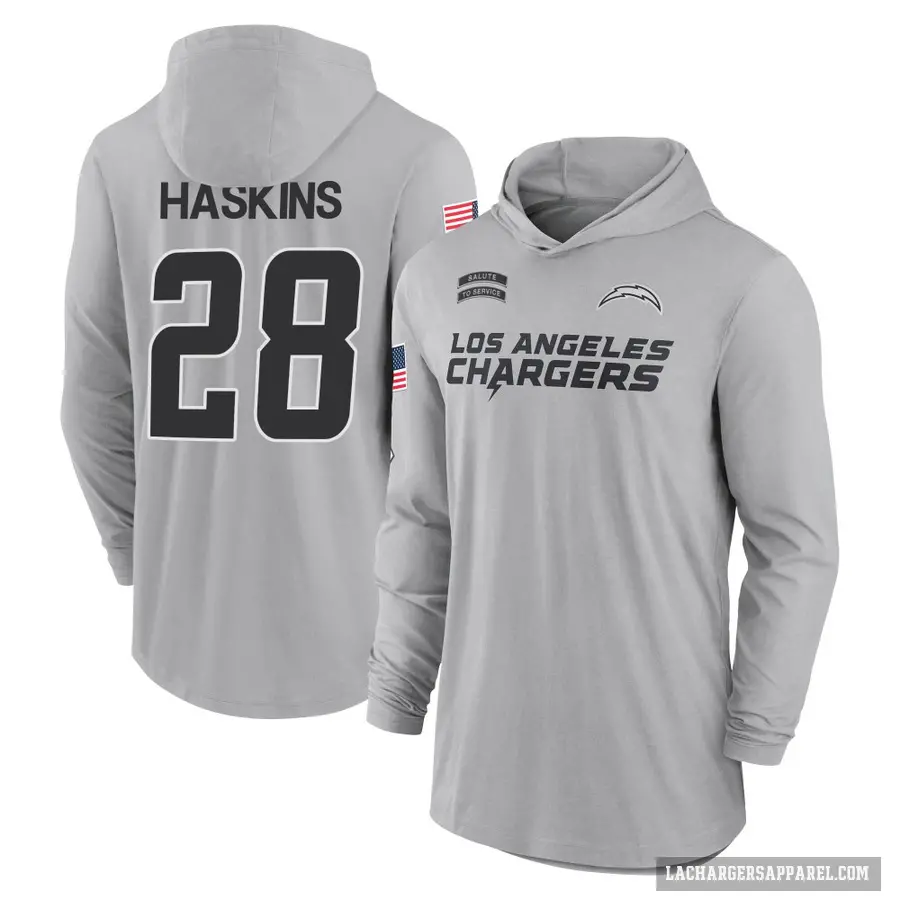 Youth ＃28 Hassan Haskins Los Angeles Chargers Gray 2024 Salute to Service Lightweight Performance Long Sleeve Hooded T-Shirt