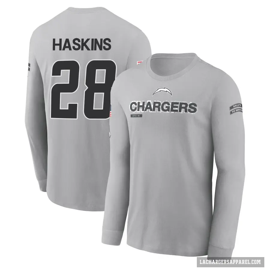 Youth ＃28 Hassan Haskins Los Angeles Chargers Gray 2024 Salute to Service Long Sleeve T-Shirt