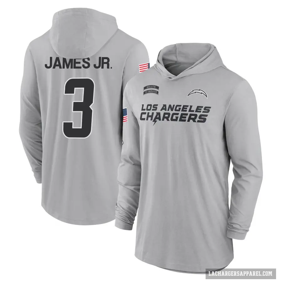 Youth ＃3 Derwin James Jr. Los Angeles Chargers Gray 2024 Salute to Service Lightweight Performance Long Sleeve Hooded T-Shirt