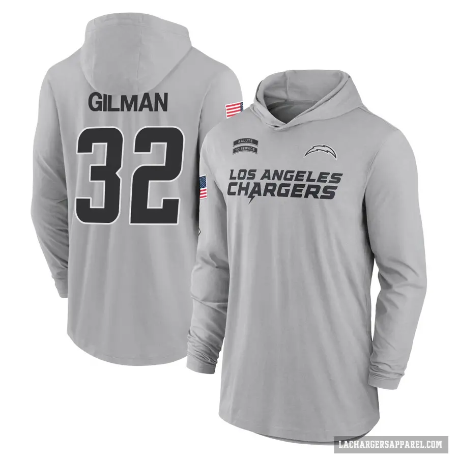 Youth ＃32 Alohi Gilman Los Angeles Chargers Gray 2024 Salute to Service Lightweight Performance Long Sleeve Hooded T-Shirt