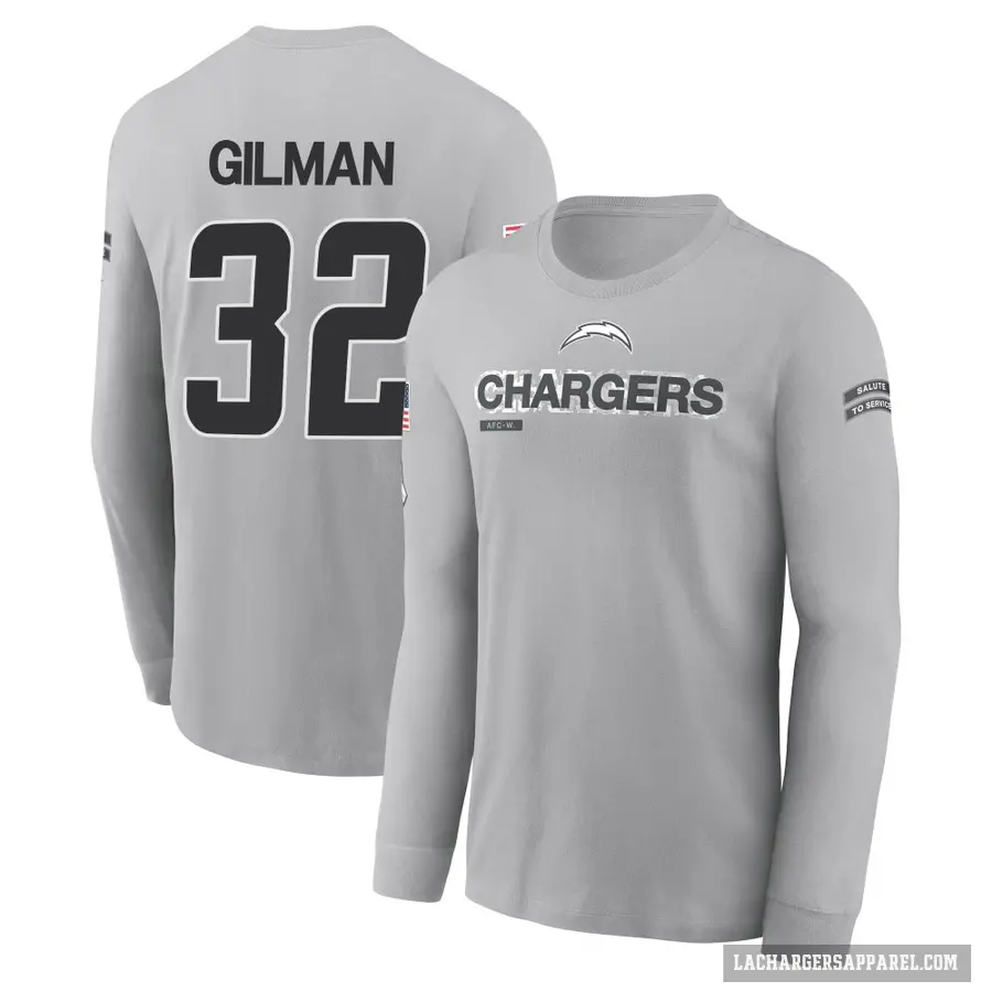 Youth ＃32 Alohi Gilman Los Angeles Chargers Gray 2024 Salute to Service Long Sleeve T-Shirt
