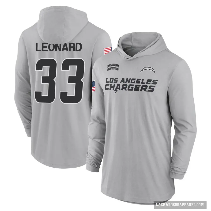 Youth ＃33 Deane Leonard Los Angeles Chargers Gray 2024 Salute to Service Lightweight Performance Long Sleeve Hooded T-Shirt