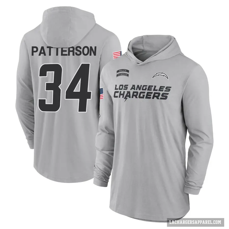 Youth ＃34 Jaret Patterson Los Angeles Chargers Gray 2024 Salute to Service Lightweight Performance Long Sleeve Hooded T-Shirt