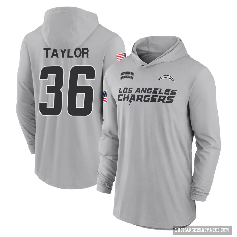 Youth ＃36 Ja'Sir Taylor Los Angeles Chargers Gray 2024 Salute to Service Lightweight Performance Long Sleeve Hooded T-Shirt