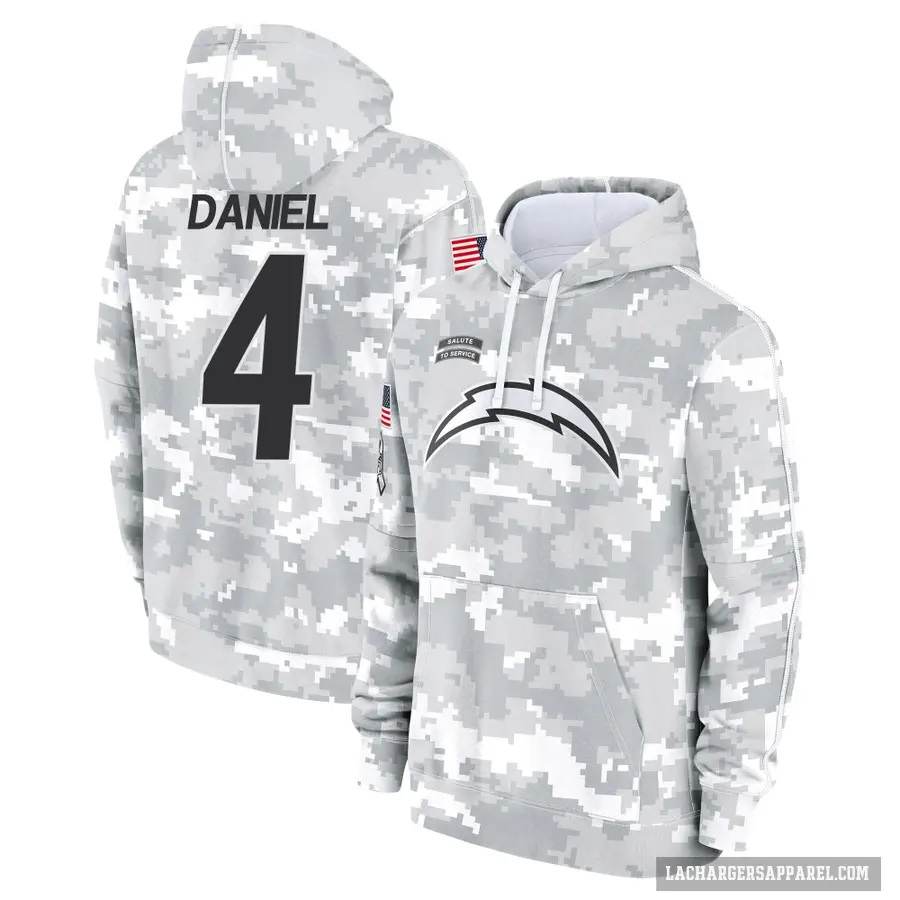 Youth ＃4 Chase Daniel Los Angeles Chargers Arctic Camo 2024 Salute to Service Club Fleece Pullover Hoodie