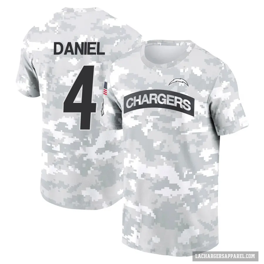 Youth ＃4 Chase Daniel Los Angeles Chargers Camo Arctic 2024 Salute to Service Performance T-Shirt