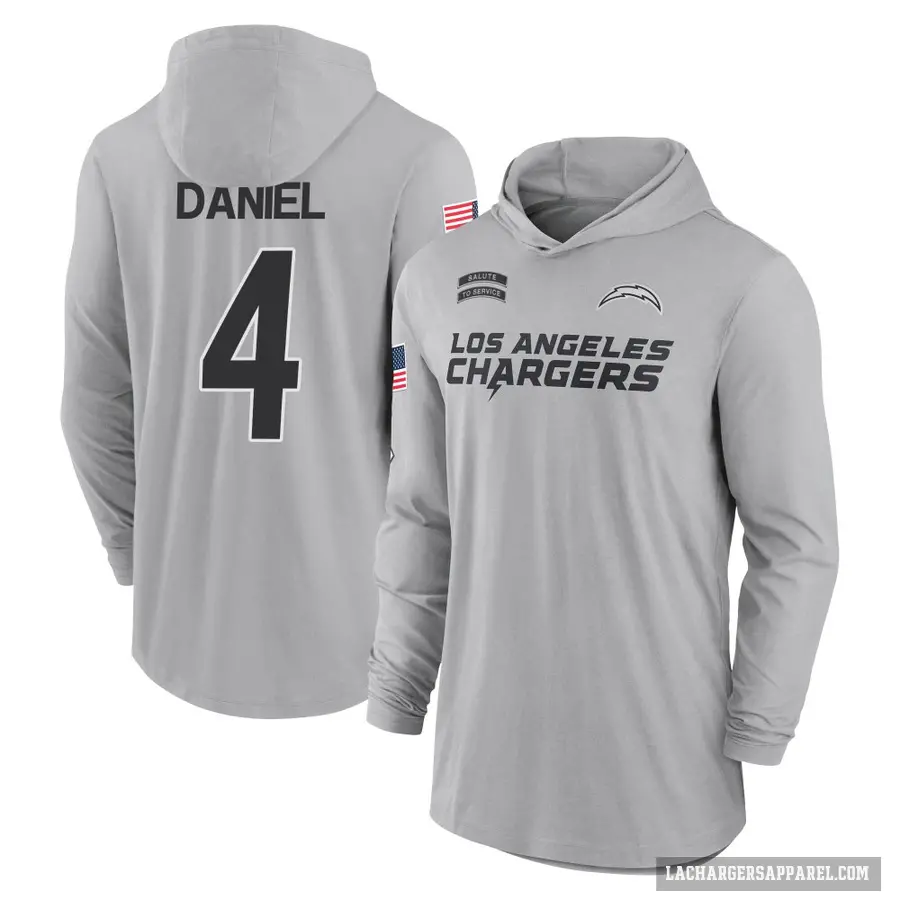Youth ＃4 Chase Daniel Los Angeles Chargers Gray 2024 Salute to Service Lightweight Performance Long Sleeve Hooded T-Shirt