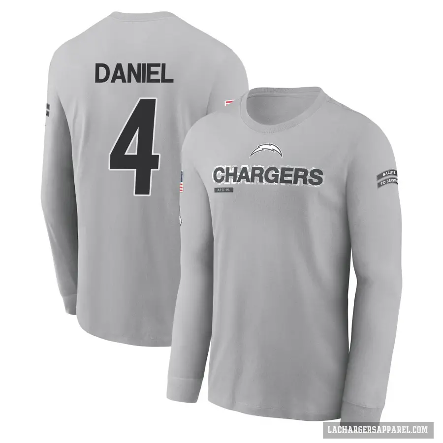 Youth ＃4 Chase Daniel Los Angeles Chargers Gray 2024 Salute to Service Long Sleeve T-Shirt