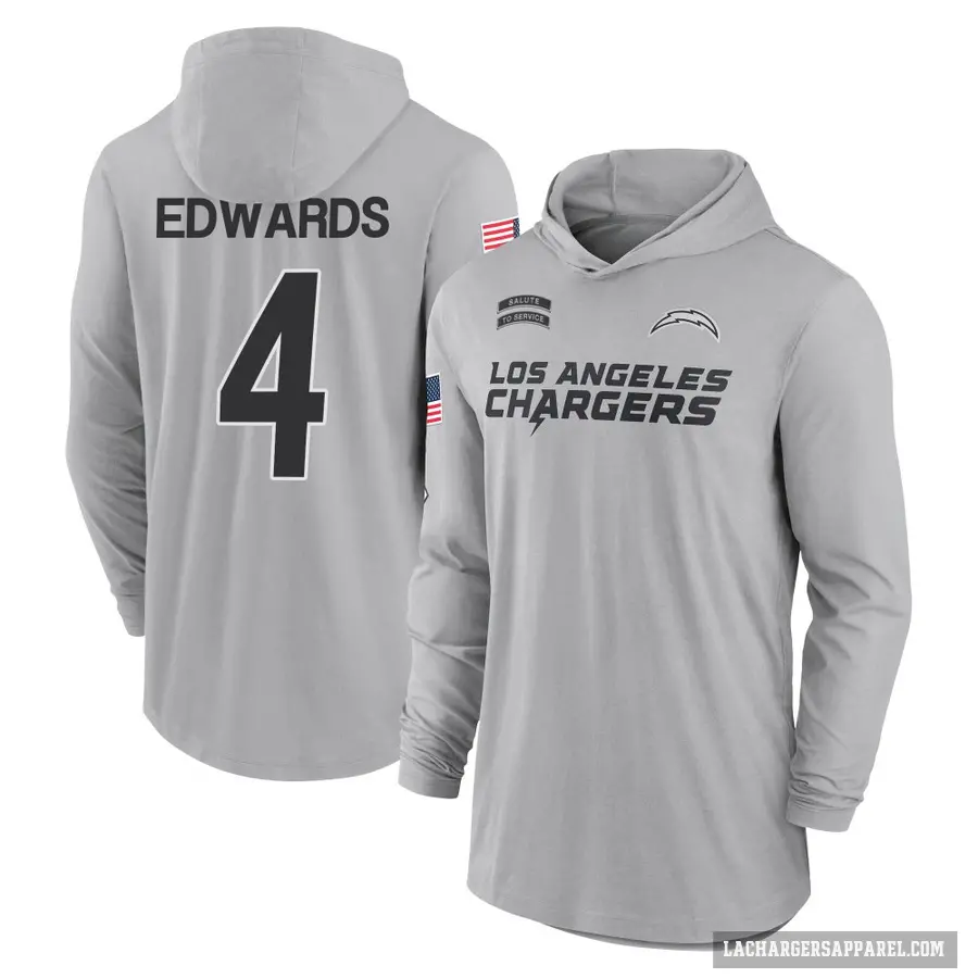 Youth ＃4 Gus Edwards Los Angeles Chargers Gray 2024 Salute to Service Lightweight Performance Long Sleeve Hooded T-Shirt