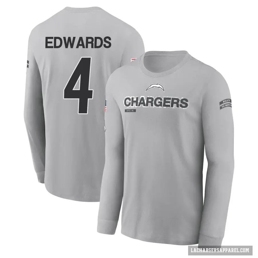 Youth ＃4 Gus Edwards Los Angeles Chargers Gray 2024 Salute to Service Long Sleeve T-Shirt