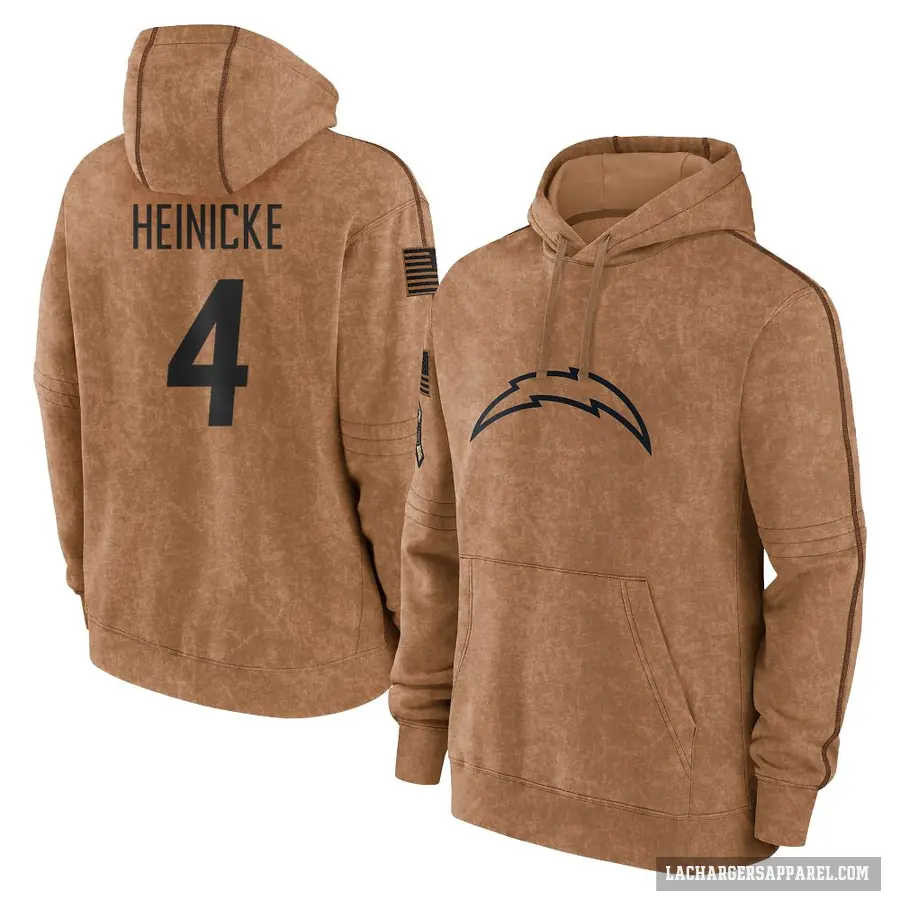 Youth ＃4 Taylor Heinicke Los Angeles Chargers Brown 2023 Salute To Service Club Pullover Hoodie