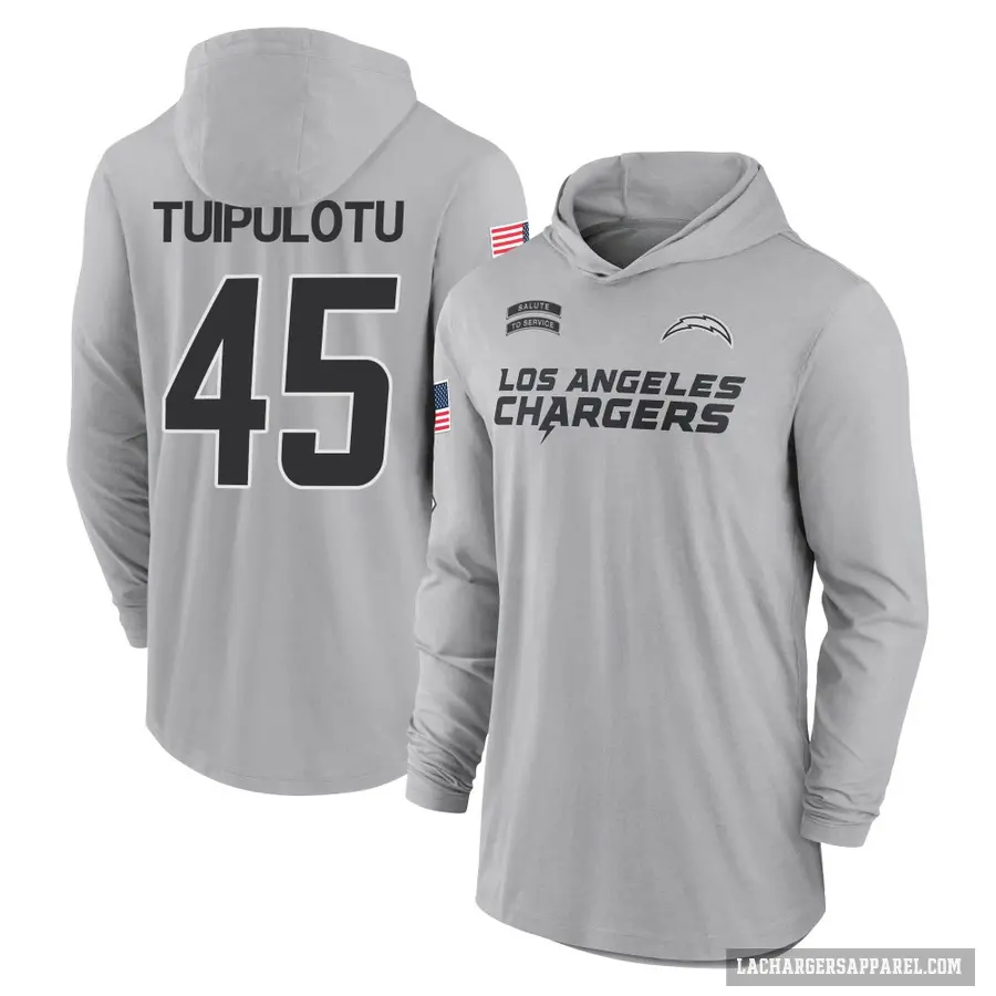 Youth ＃45 Tuli Tuipulotu Los Angeles Chargers Gray 2024 Salute to Service Lightweight Performance Long Sleeve Hooded T-Shirt