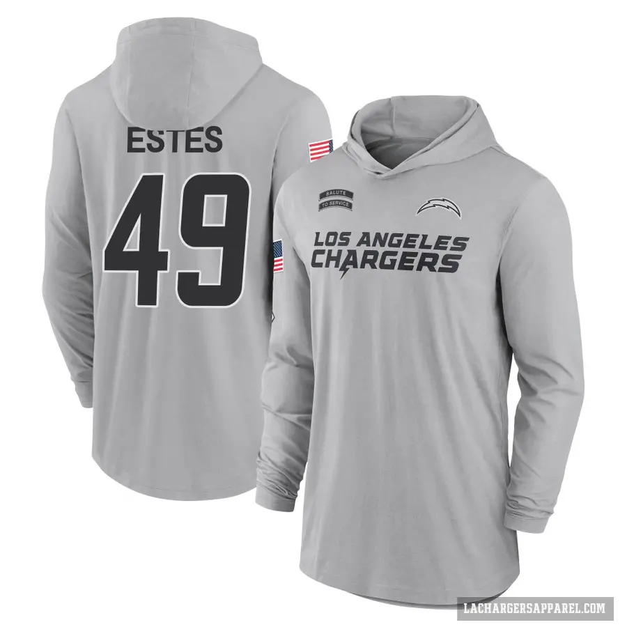Youth ＃49 Mike Estes Los Angeles Chargers Gray 2024 Salute to Service Lightweight Performance Long Sleeve Hooded T-Shirt