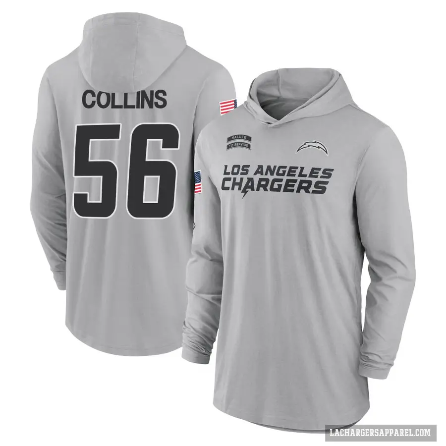 Youth ＃56 Chris Collins Los Angeles Chargers Gray 2024 Salute to Service Lightweight Performance Long Sleeve Hooded T-Shirt