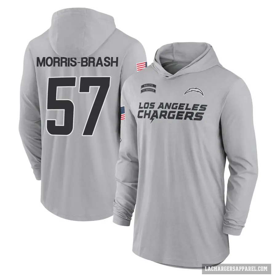 Youth ＃57 Tre'Mon Morris-Brash Los Angeles Chargers Gray 2024 Salute to Service Lightweight Performance Long Sleeve Hooded T-Shi