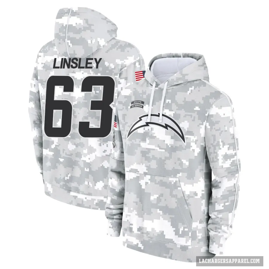 Youth ＃63 Corey Linsley Los Angeles Chargers Arctic Camo 2024 Salute to Service Club Fleece Pullover Hoodie