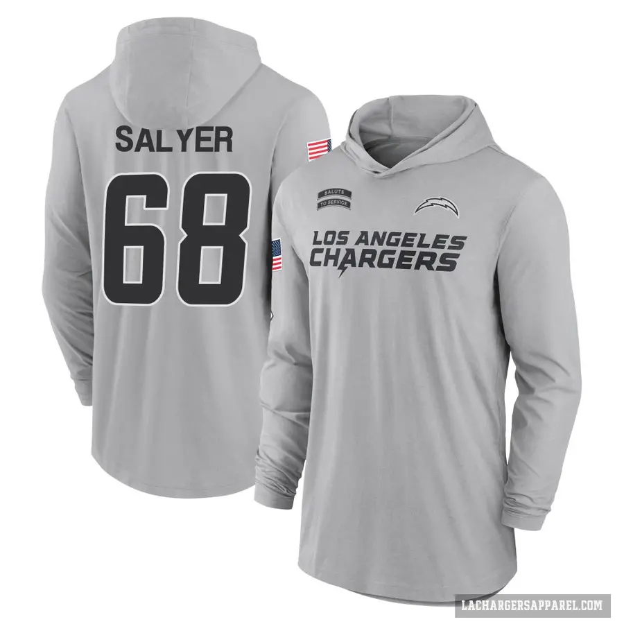 Youth ＃68 Jamaree Salyer Los Angeles Chargers Gray 2024 Salute to Service Lightweight Performance Long Sleeve Hooded T-Shirt