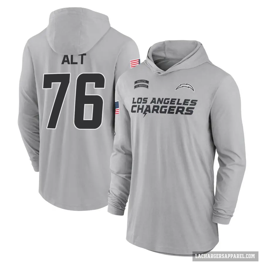 Youth ＃76 Joe Alt Los Angeles Chargers Gray 2024 Salute to Service Lightweight Performance Long Sleeve Hooded T-Shirt