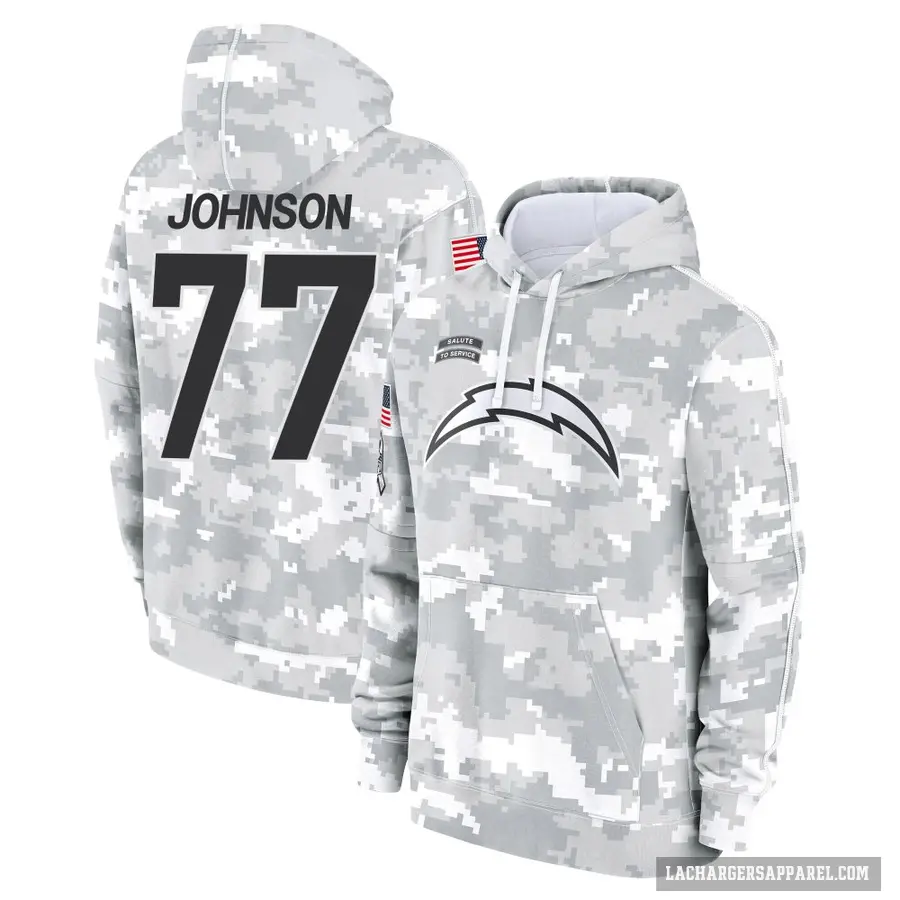 Youth ＃77 Zion Johnson Los Angeles Chargers Arctic Camo 2024 Salute to Service Club Fleece Pullover Hoodie