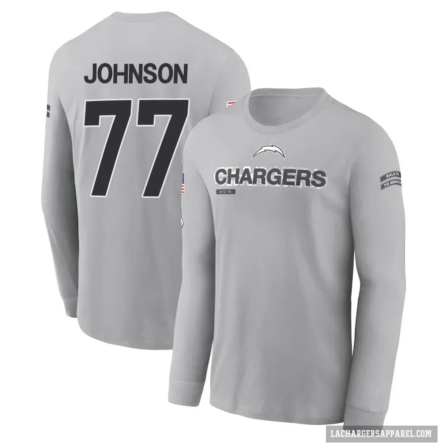 Youth ＃77 Zion Johnson Los Angeles Chargers Gray 2024 Salute to Service Long Sleeve T-Shirt