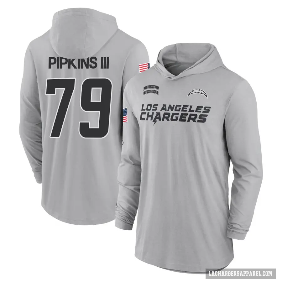 Youth ＃79 Trey Pipkins III Los Angeles Chargers Gray 2024 Salute to Service Lightweight Performance Long Sleeve Hooded T-Shirt