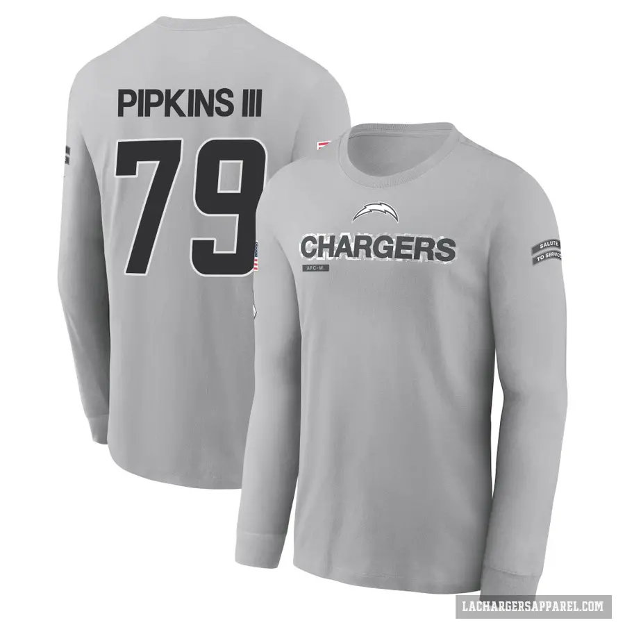 Youth ＃79 Trey Pipkins III Los Angeles Chargers Gray 2024 Salute to Service Long Sleeve T-Shirt