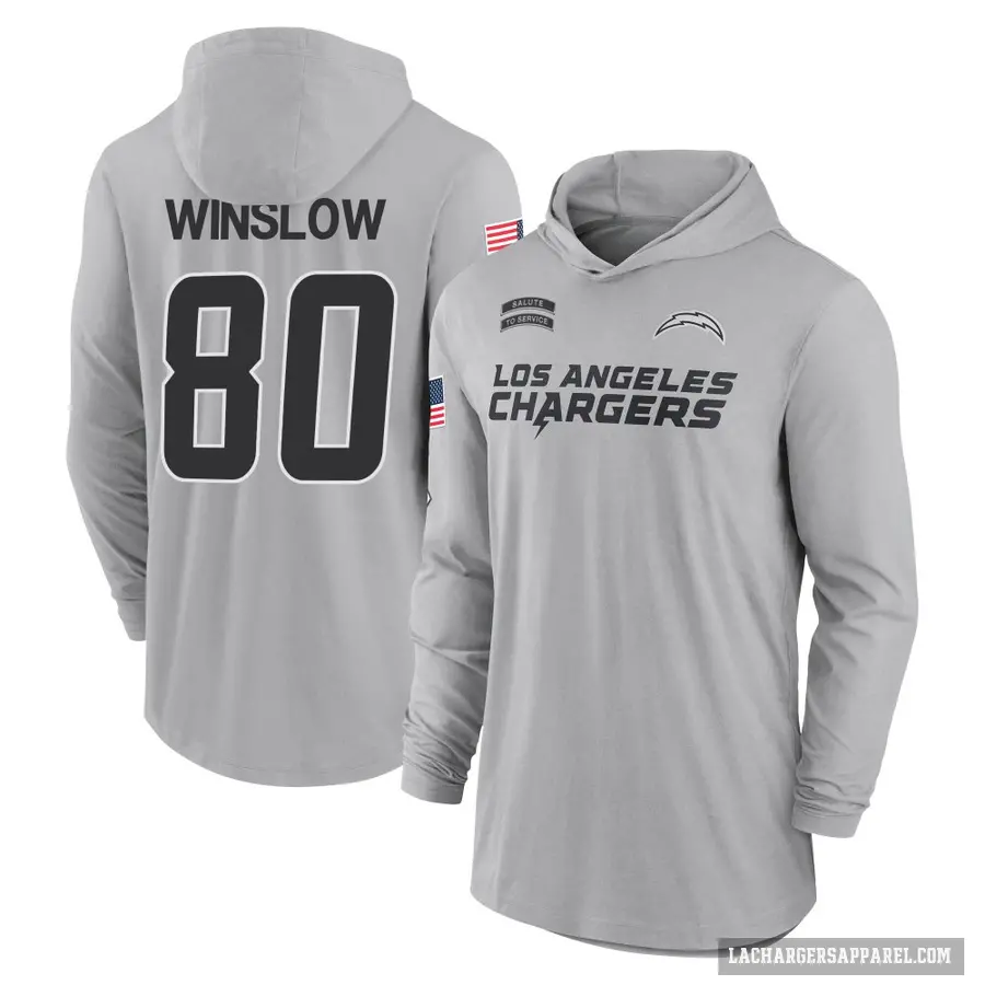 Youth ＃80 Kellen Winslow Los Angeles Chargers Gray 2024 Salute to Service Lightweight Performance Long Sleeve Hooded T-Shirt