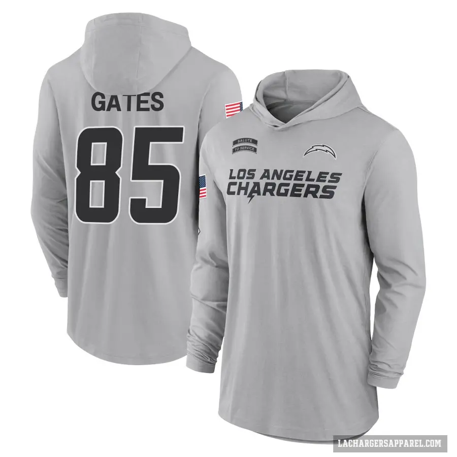 Youth ＃85 Antonio Gates Los Angeles Chargers Gray 2024 Salute to Service Lightweight Performance Long Sleeve Hooded T-Shirt