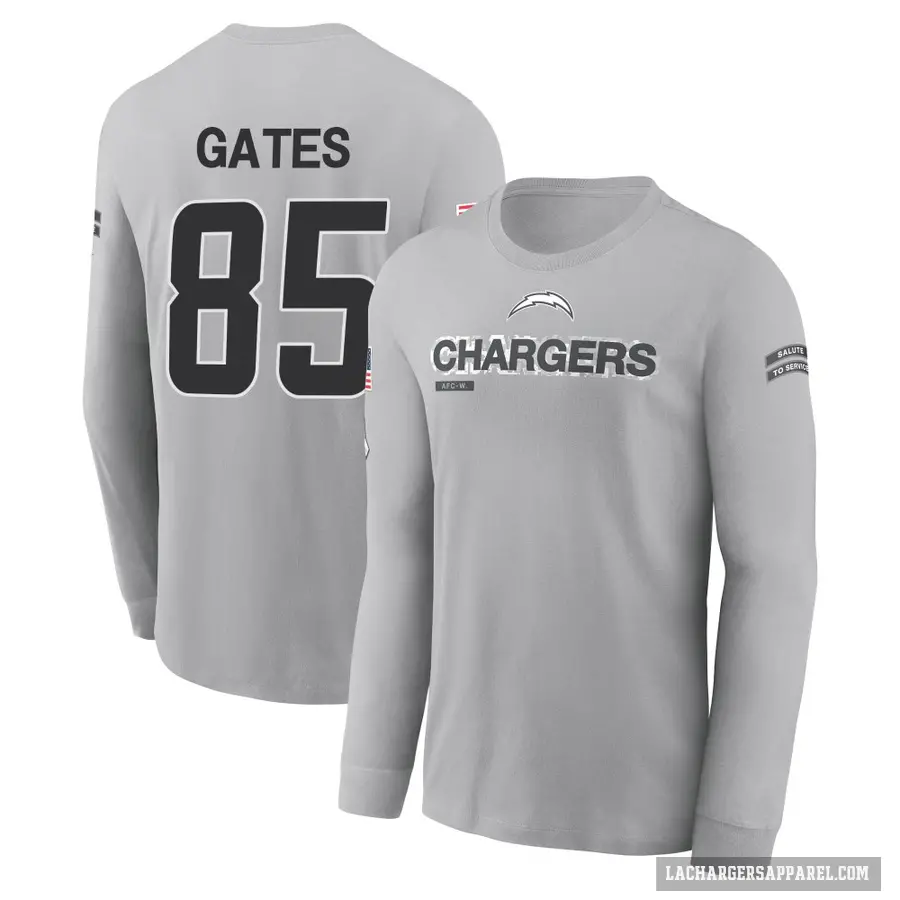 Youth ＃85 Antonio Gates Los Angeles Chargers Gray 2024 Salute to Service Long Sleeve T-Shirt