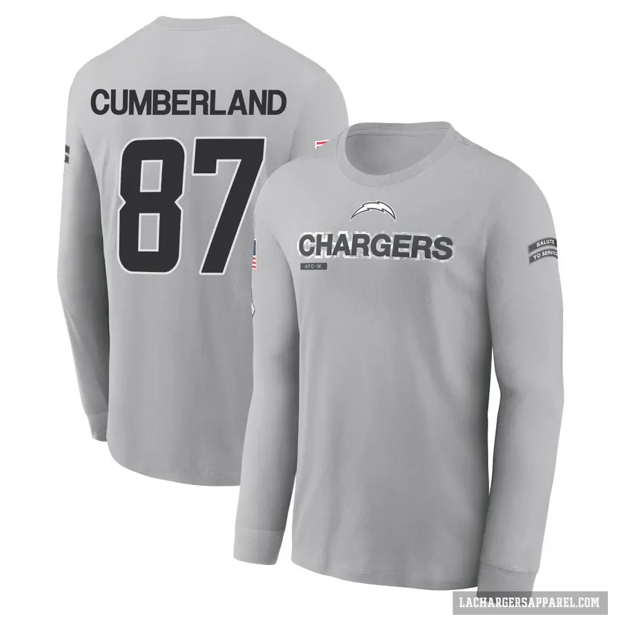 Youth ＃87 Jeff Cumberland Los Angeles Chargers Gray 2024 Salute to Service Long Sleeve T-Shirt