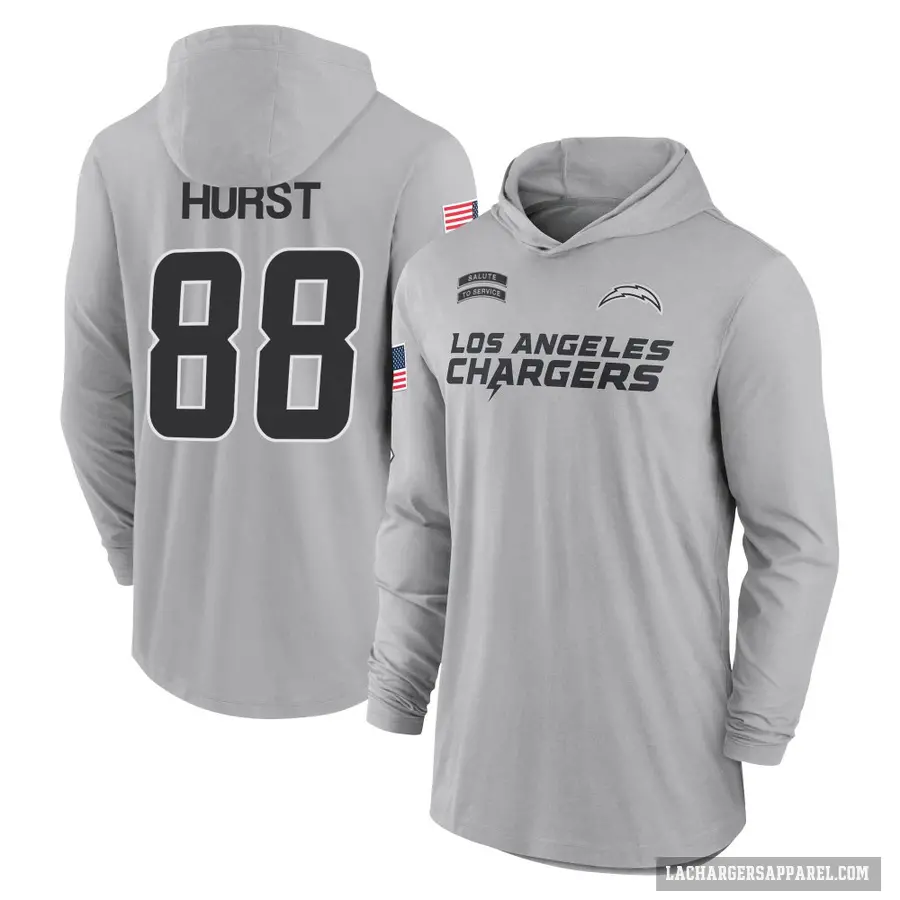 Youth ＃88 Hayden Hurst Los Angeles Chargers Gray 2024 Salute to Service Lightweight Performance Long Sleeve Hooded T-Shirt