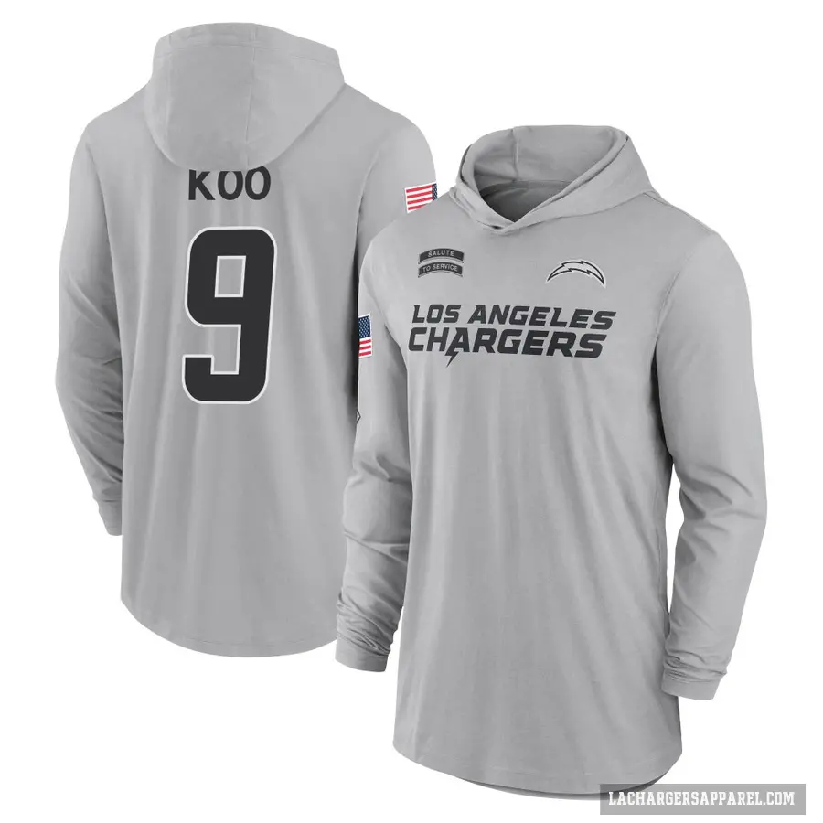 Youth ＃9 Younghoe Koo Los Angeles Chargers Gray 2024 Salute to Service Lightweight Performance Long Sleeve Hooded T-Shirt