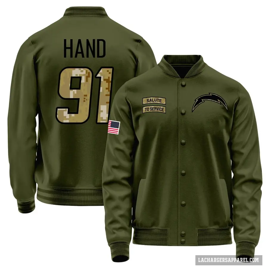 Youth ＃91 Da'Shawn Hand Los Angeles Chargers Olive Salute to Service Sideline Performance Jacket